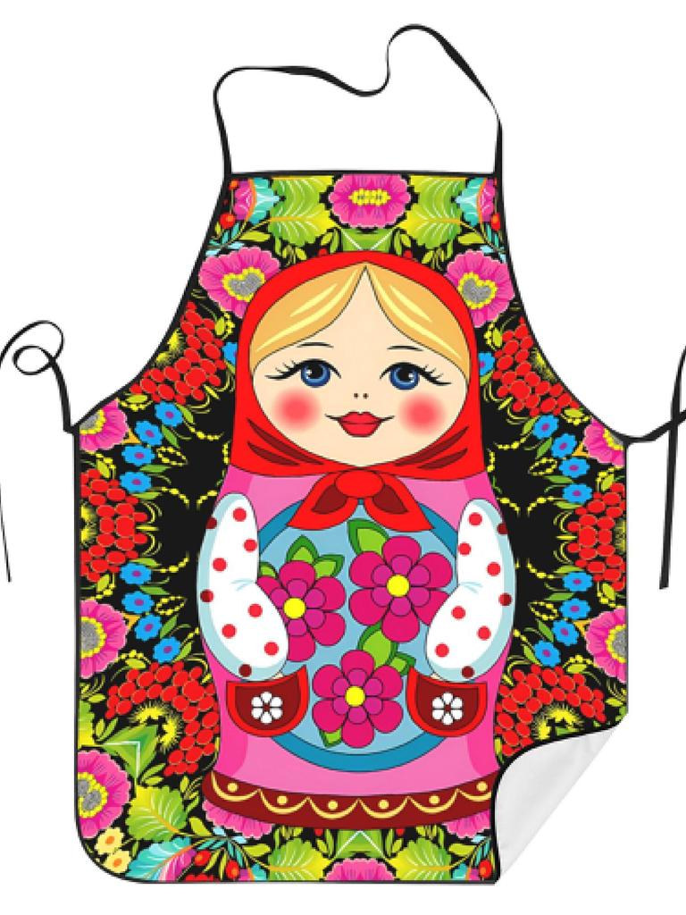 Russian Nesting Doll Print Apron - Retro Matryoshka Design with Floral & Traditional Motifs
