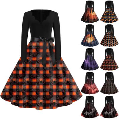 Женская мода с v-образным вырезом, повседневные тонкие платья с длинными рукавами и принтом на Хэллоуин