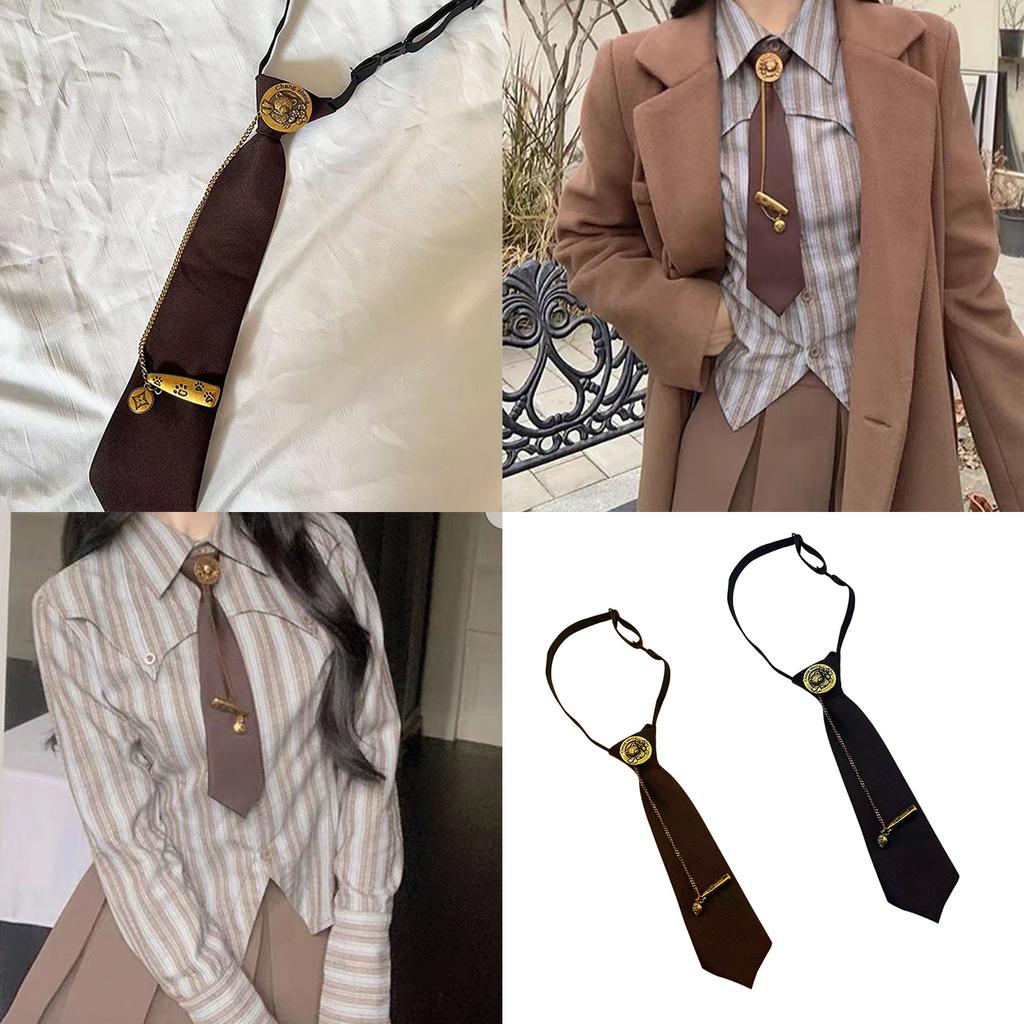 Japanese Vintage Necktie with Metal Bear Pin Chain Student Uniform Adjustable Pre Tied Neck Tie Shirt Collar Neckwear