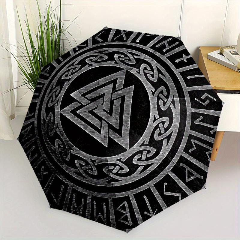 Valknut, Norse Automatic folding umbrella simple eight rib design, bright color pattern, durable iron frame, ideal for travel and outdoor,