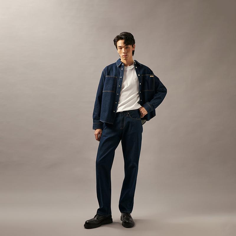 Calvin Klein Классическая ретро-рубашка свободного покроя с квадратным карманом из денима, мужские рубашки темно-синего цвета J327310