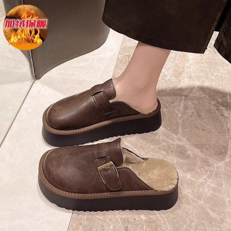 Ленивые меховые толстоподошвенные хлопковые шлепанцы Birkenstock, осенне-зимние модели, носить теплые домашние полутапочки