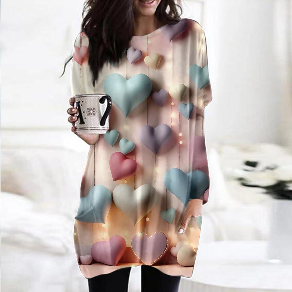 Женский модный повседневный топ с длинным рукавом и круглым вырезом ко Дню святого Валентина с принтом в виде сердца