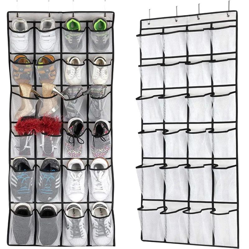 12/24 Grids Wall-Mounted Sundries Shoe Organiser Fabric Closet Bag Storage Rack Mesh Pocket Clear Hanging Over The Door Box