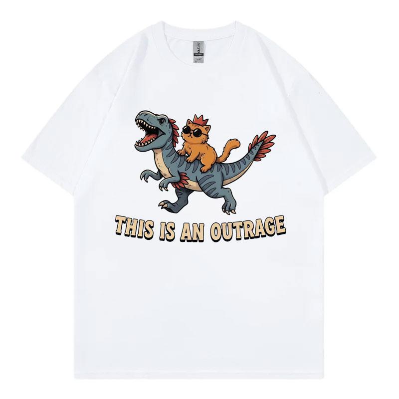 This Is An Outrage Funny Cat Riding Dinosaur Meme Tshirt Fashion Cartoon Short Sleeve Tshirts Unisex Unisex Casual Loose T Shirt