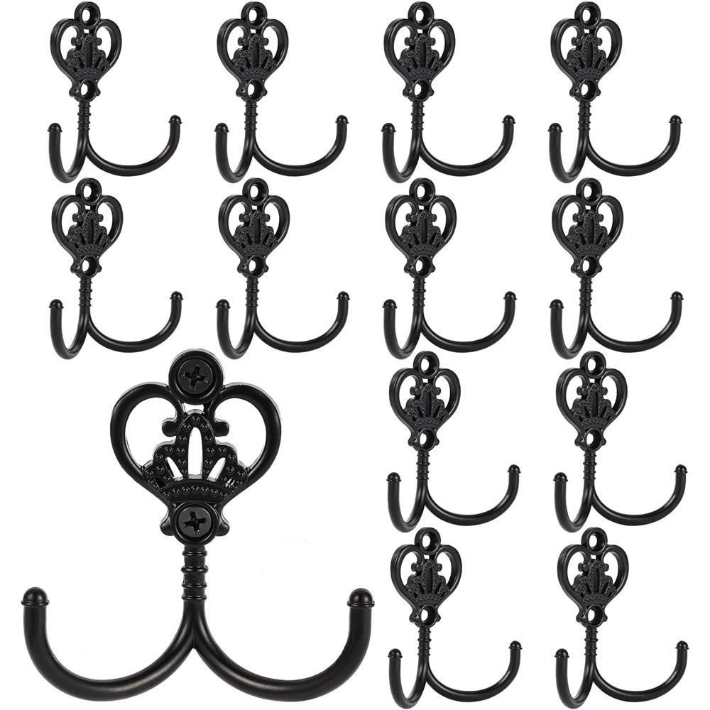 12Pcs Matte Black Crown Double Prong Wall Hooks, Heavy Duty Vintage Zinc Alloy Coat Towel Hooks With 24 Screws For Entryway Bathroom Kitchen Bedroom