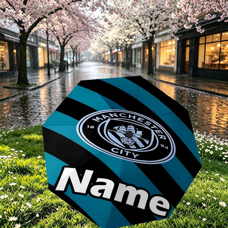 Custom Name Personalized Manchester City FC Print Umbrella, Auto Open Close, 8‑Rib Sturdy Frame, Commute Camping Hiking Use, Birthday Gift