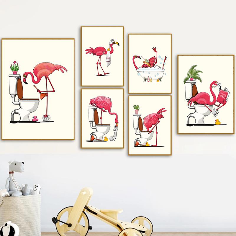 Забавный розовый фламинго с головой в туалете, постеры, холст, картина, скандинавское животное, настенная художественная картина для современной ванной комнаты, украшение для дома