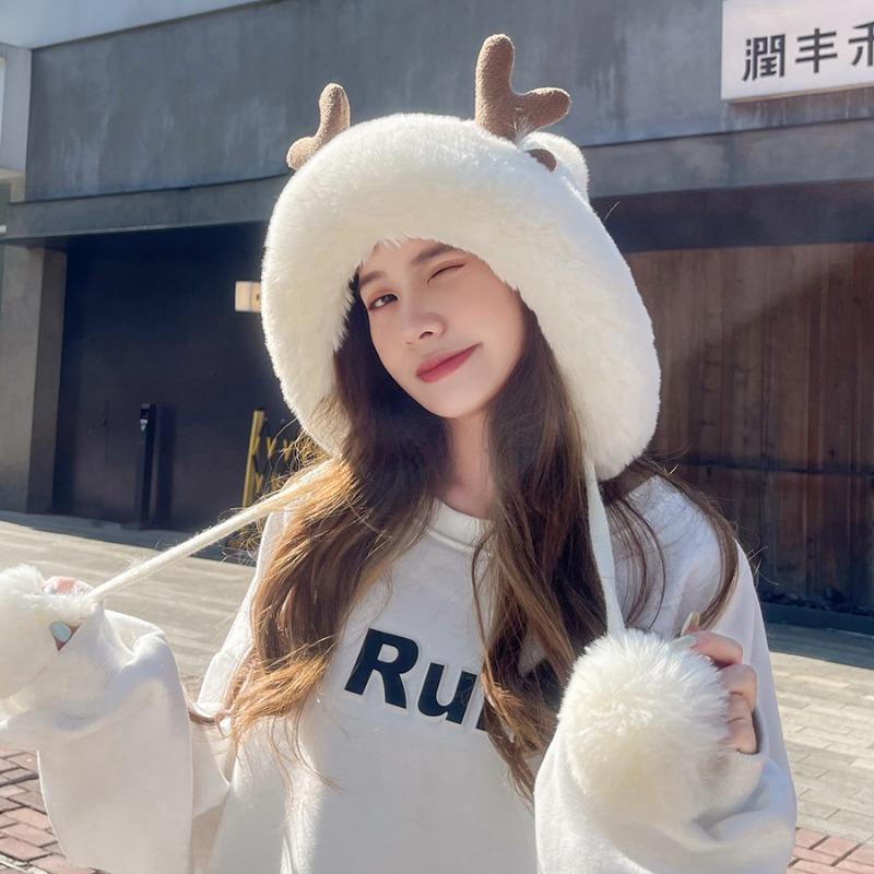 Милая плюшевая вязаная шапка из рогов оленя на осень-зиму из трех шерстяных клубков пряжи, простая модная теплая шапка для женщин