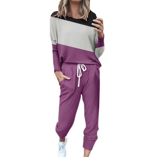 2 шт./комплект женский топ брюки костюм круглый вырез длинный рукав цветной блок спортивный свитшот завязка