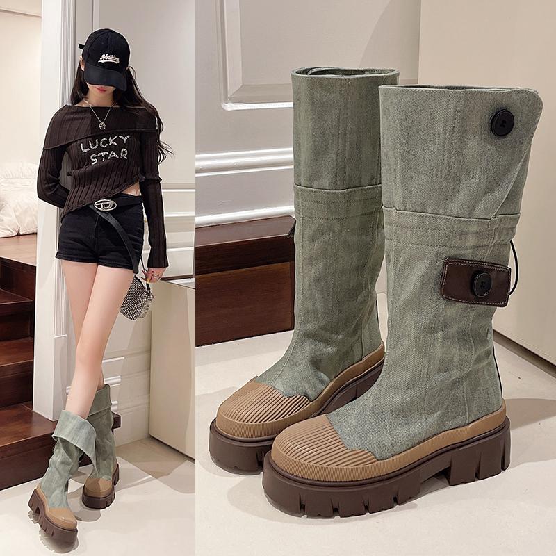 Fashion Women Flats Platform Denim Chelsea Boots Winter Shoes Designer New Knee High Motorcycle Boots Casual Goth Shoes