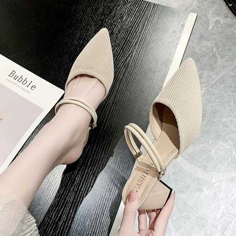 Pointed Head Bag Head Medium Heel Thick Heel Cool Slippers Half Drag Sandals Women's Summer 2025 New Cloth Outer Wear