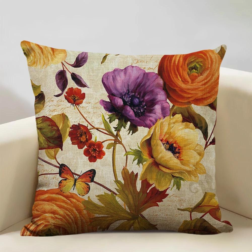 Чехол для подушки в стиле ретро 45x45 см, льняная наволочка для гостиной, декоративная наволочка с цветочным узором для сиденья автомобиля