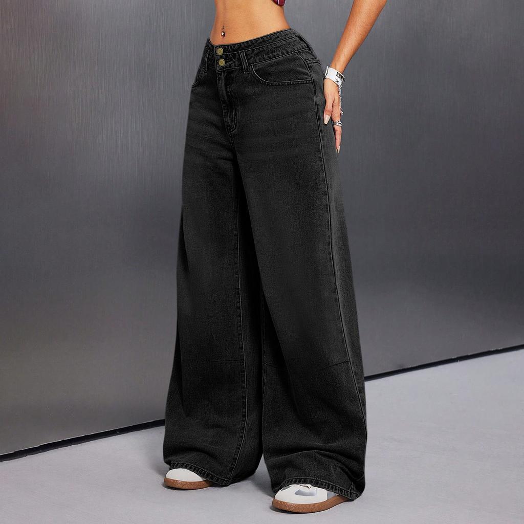 Женские джинсы винтажного дизайна с высокой талией и потертостями на пуговицах, женские свободные прямые широкие брюки