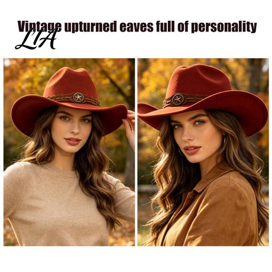 Fashionable Retro Style Hat Unisex Western Cowboy Hat, Wool Felt Fedora with Faux Leather Band, Wide Brim Cowgirl for Men Women Winter Windproof Cap