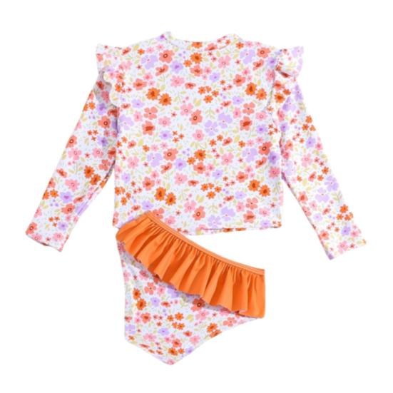 Girls Sun Protection Swimsuit Set Two Piece Rash Guard Long Sleeve Bathing Suit Tankini with Bikini Bottoms Floral Print Kids Beachwear