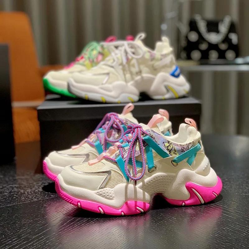 Mesh Breathable Casual Dad Shoes Women's Korean Version Lace Up Wedge Platform Comfortable Sports Shoes Female Running Sneakers