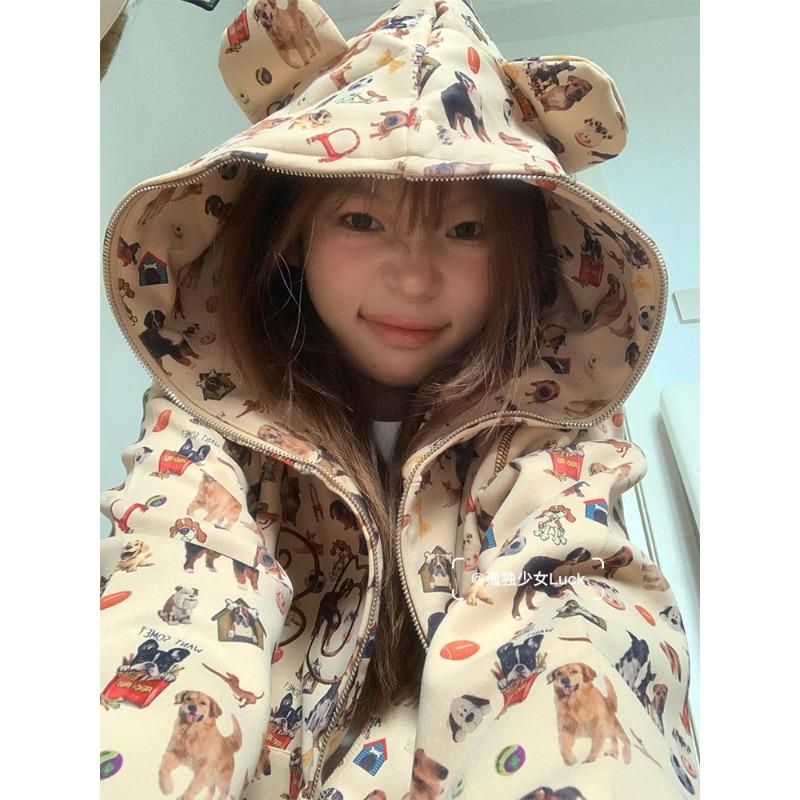 Американский ретро смешной медведь ушки капюшон кавайный собачий принт молния толстовка женская осень милый кор молния укороченная одежда