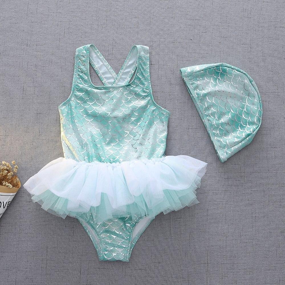 Купальники для девочек, купальный костюм с шапочкой для плавания, платье-пачка, платье русалки, цельный купальник-бикини с рюшами, тюлевой оборкой, От 2 до 9 лет