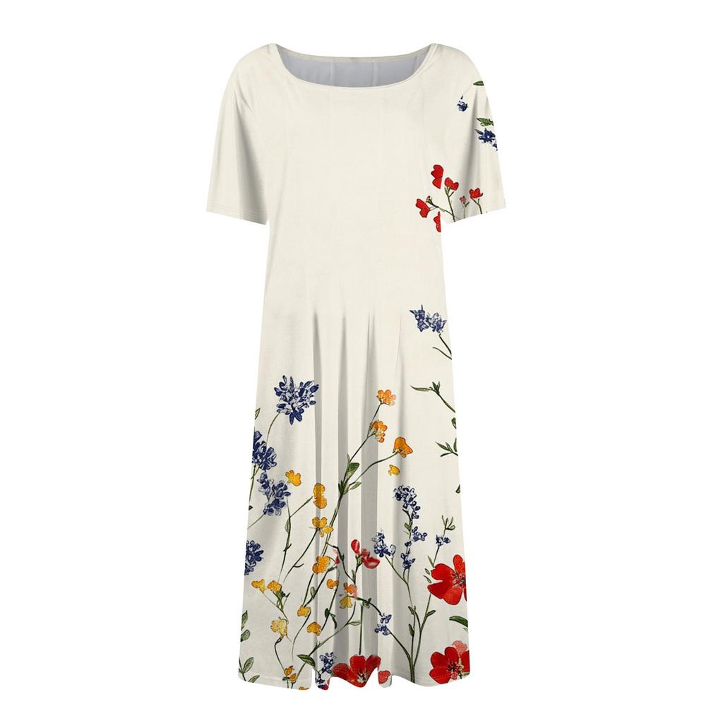 Women's Fashionable Print Round Neck Loose Short Sleeved Pocket Pullover Dress