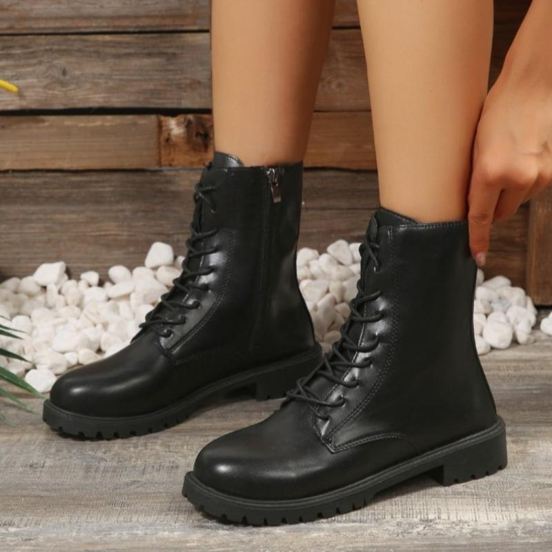 Модные британские однотонные ботильоны на молнии для женщин, осенне-зимние, с круглым носком, на шнуровке, короткие ботинки, женская обувь из искусственной кожи, ботильоны, женские