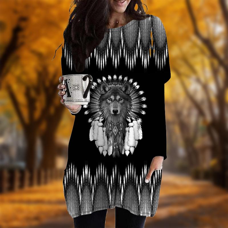 New In Autumn Chief Husky Print Plus Size Dress Women O'neck Long Sleeves Casual Pocket Dresses