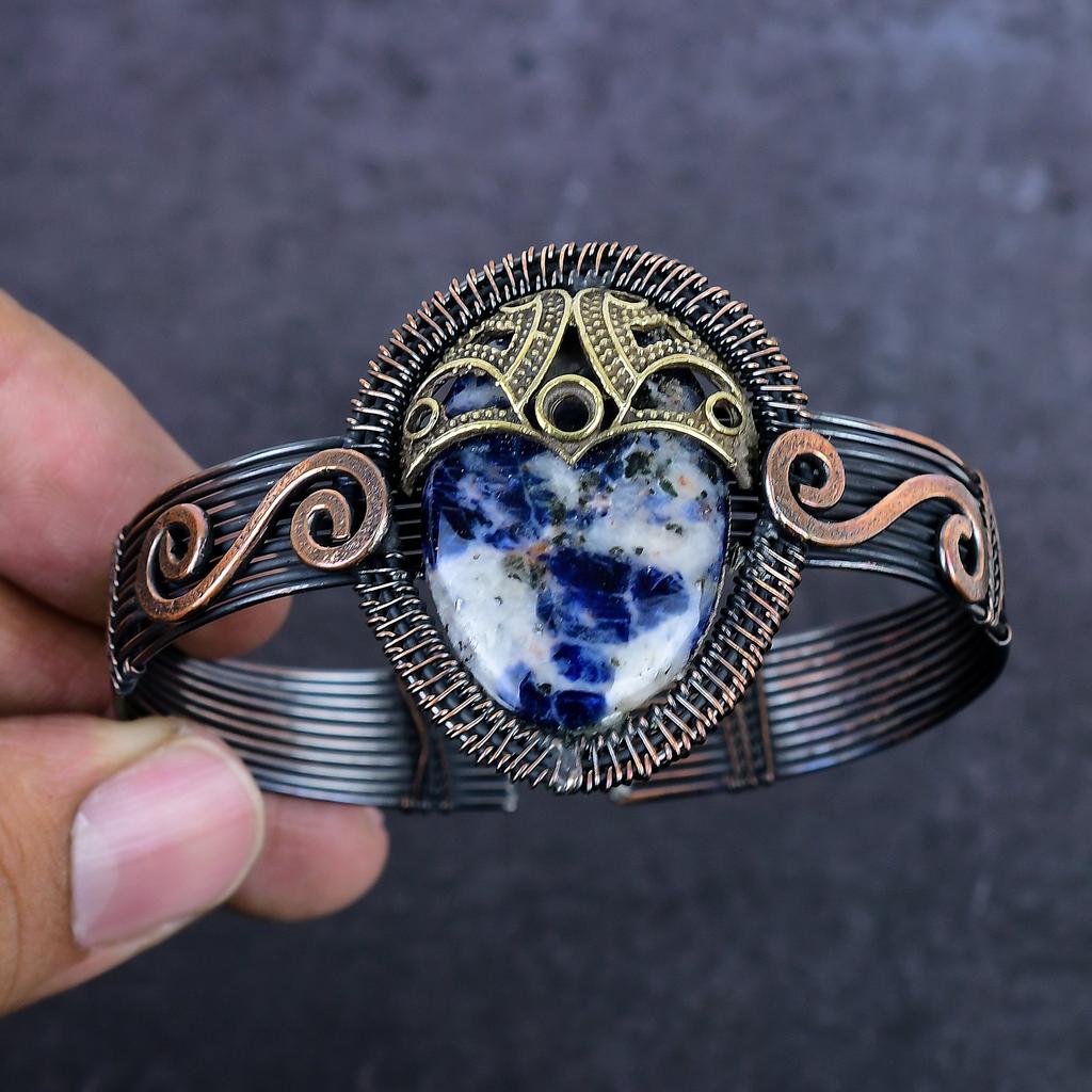 Sodalite Gemstone Handmade Copper Wire Wrap Cuff Bangle Adjustable ET-4976
