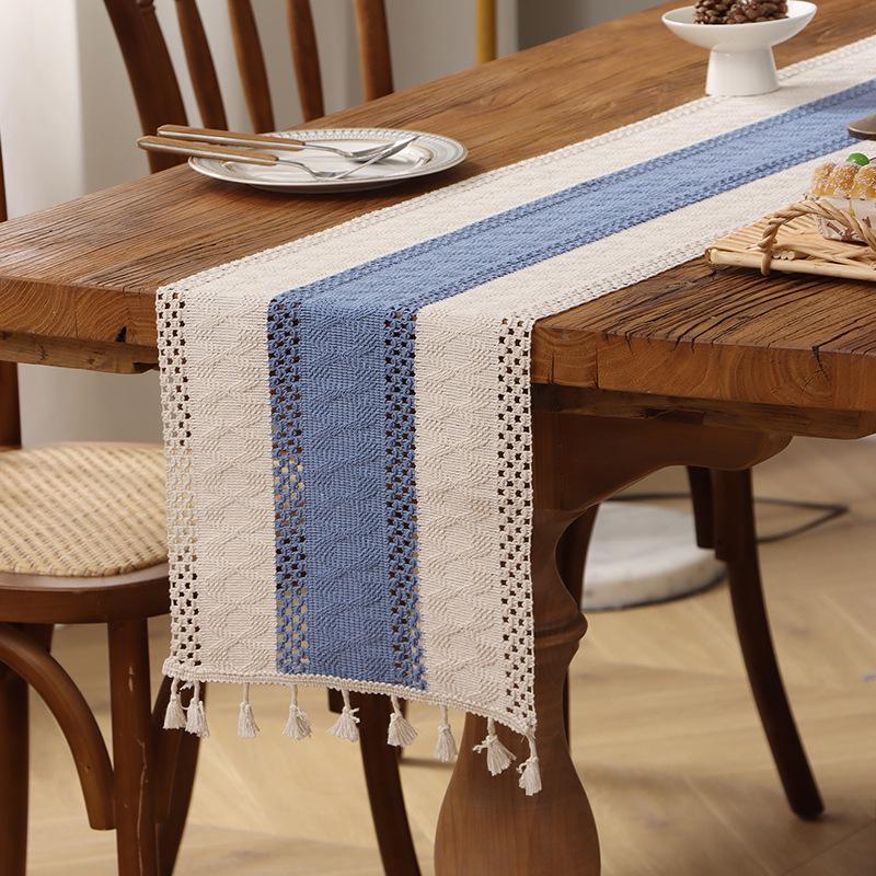 Дорожка для стола с кисточками из хлопка и льна в этническом стиле - легкое роскошное праздничное украшение