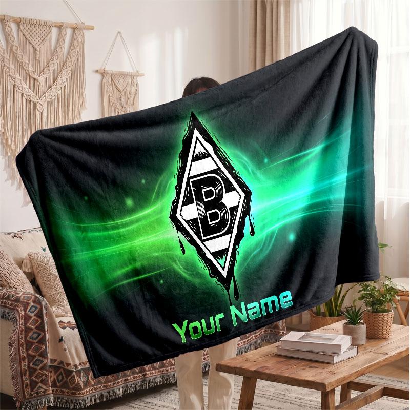 Borussia Mönchengladbach Personalized Fleece Blanket With Football Logo, Custom Name Text Soft Warm Home Throw Blanket