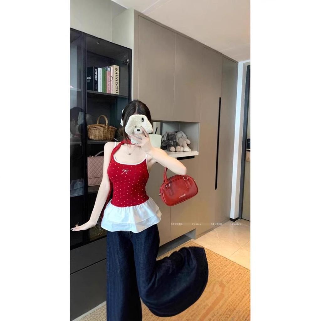 Women's Polka Dot Bow Camisole – Summer Ruffled Patchwork Top