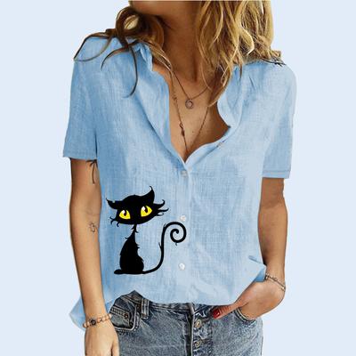 Женская мода блузки с лацканами и воротником лето и осень футболка с короткими рукавами и принтом кота женский хлопковый льняной кардиган футболка