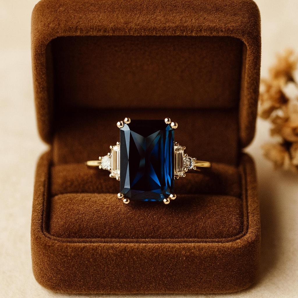 Emerald Cut Sapphire Ring with Baguette Cubic Zirconia – Classic Blue Gemstone Ring - Gold Plated 925 Sterling Silver Jewelry Gift