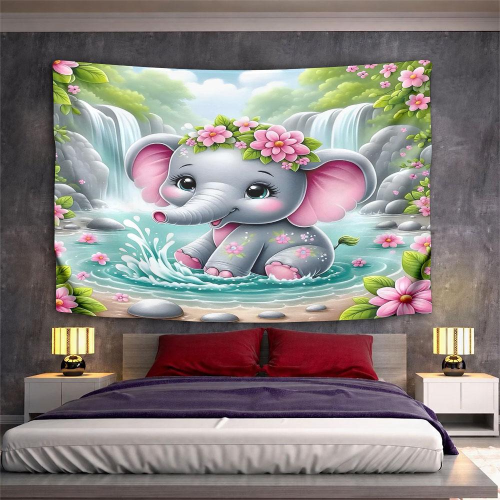 Cute Elephant with Flowers and Waterfall Pattern Wall Hanging Tapestry Decorative Tapestry Home Decor for Bedroom and Living Room