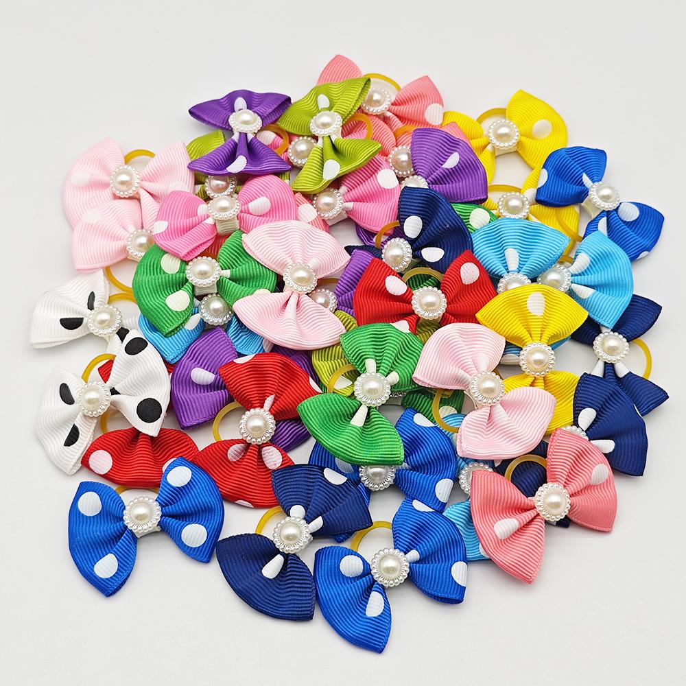 100 Pieces Cute Printing Pet Hair Bows Dog Hair Accessories Handmade Hair Clips With Elastic Rubber Band Dog Cat Christmas Gifts