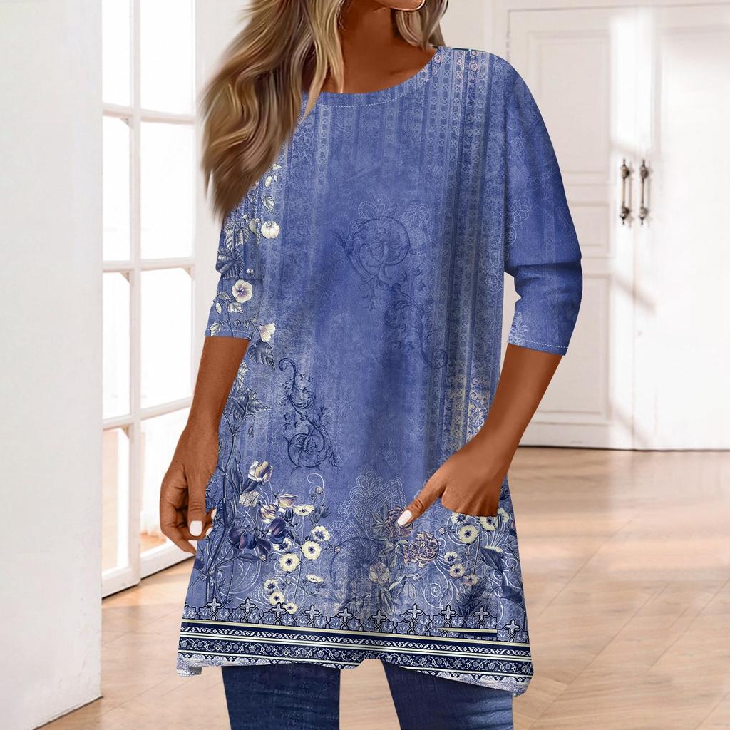 Топы с рукавами 3/4 для женщин, футболка, повседневные топы с принтом, футболка, пуловер с круглым вырезом, блузка