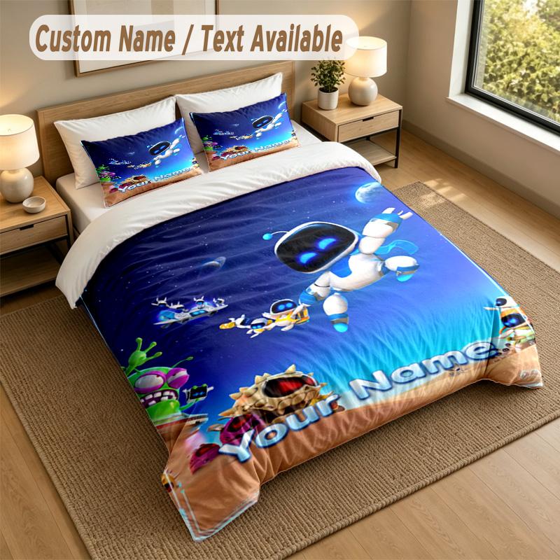 Custom Name Text Bedding 3Pcs Set,Astro Bot 1 Duvet Cover 2 Pillowcases Soft Bed Linen For Gift