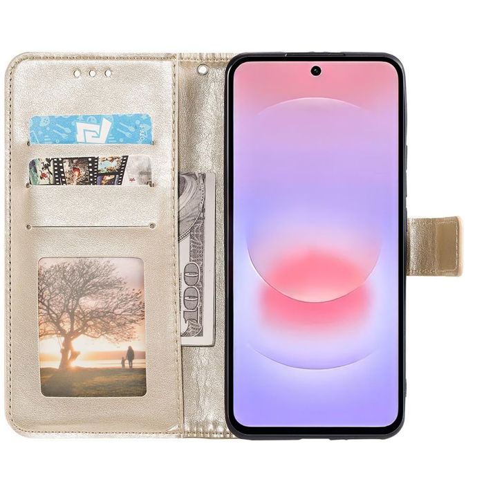 Coque pour Samsung Galaxy A37 5G, Protection Rabat Cuir Synthétique Anti-Rayures Motif Floral Doré
