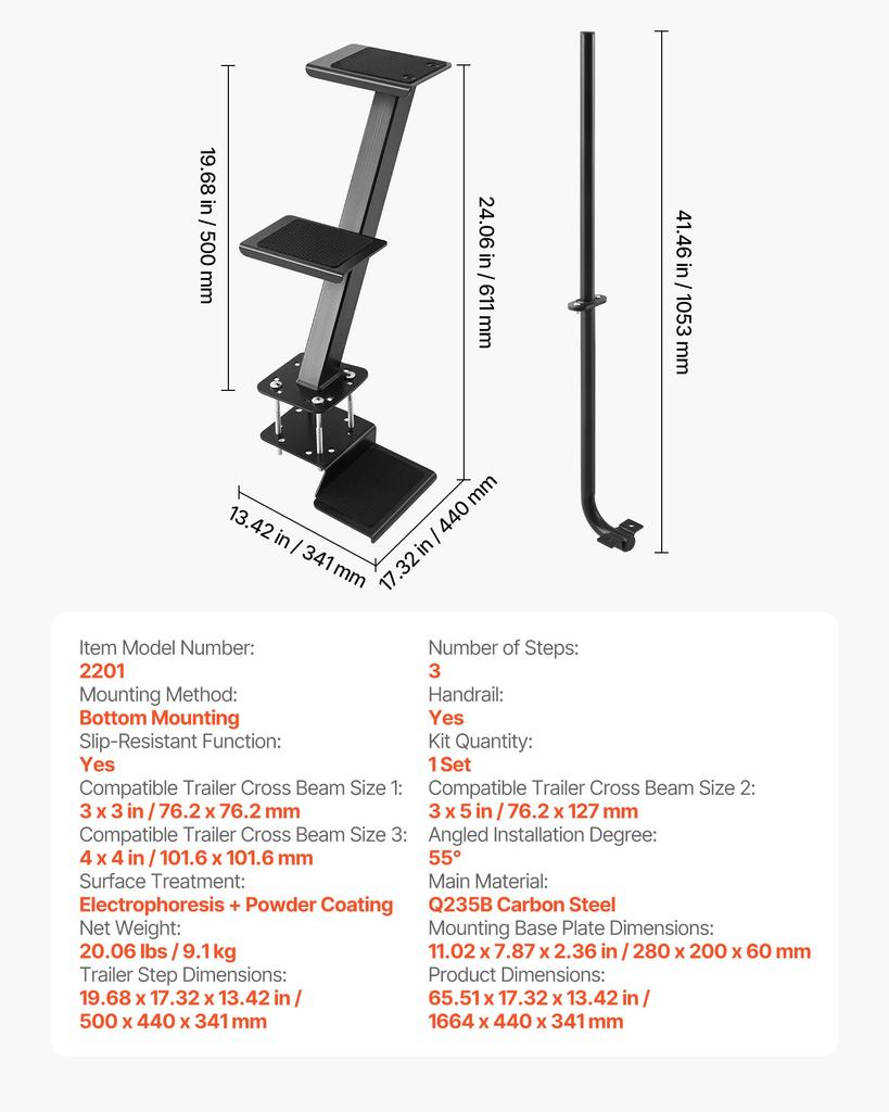 VEVOR Boat Trailer Steps, 3-Step, Heavy-Duty Boat Trailer Steps with Handle, Non-Slip Surface, 3 Mounting Angle Options