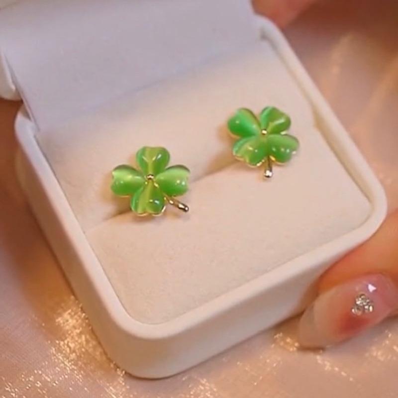 Женские серьги-гвоздики Lucky Cat's Eye с четырьмя листочками клевера, зеленые нежные серьги-гвоздики, элегантные ювелирные изделия, банкетный подарок для мамы