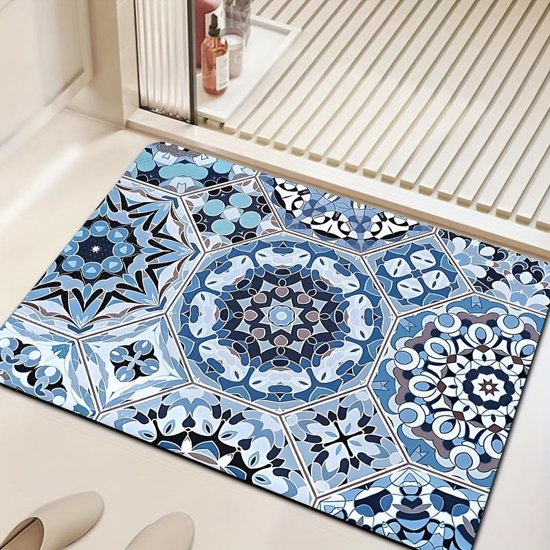 Blue Boho Bathroom Super Absorbent Shower Door Mats Toilet Non Slip Entrance Area Rugs Diatom Mud Carpet for Home Bedroom Decor