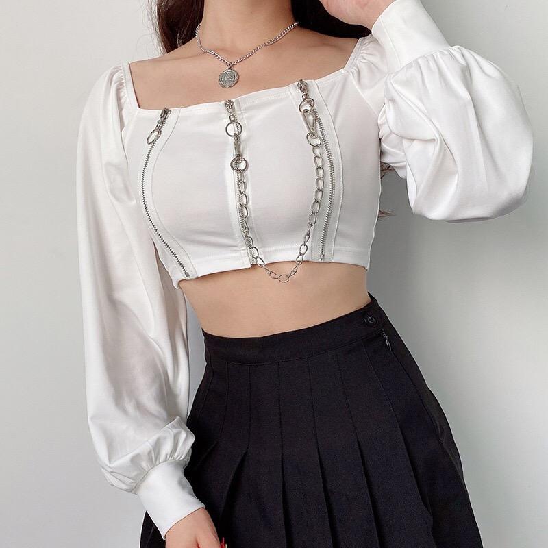Women Y2k Chains Dark Black Gothic Zipped Tops Women Sexy Off Shoulder T-shirts Clubwear Long Sleeve Crop Tops Knit