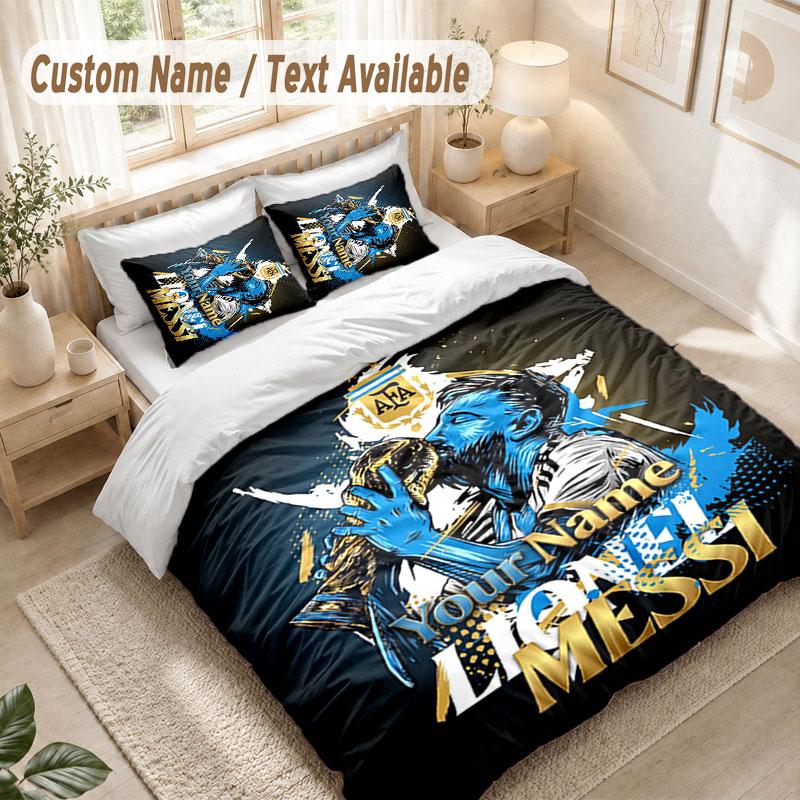 Custom Name Bedding Set 3 PiecesLionel Messi Print Duvet Cover + 2 Pillowcases Soft Bed Decor