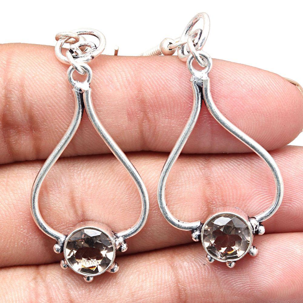 Smoky Quartz Gemstone Handmade Gift For Her Silver Jewelry Earrings 1.5''