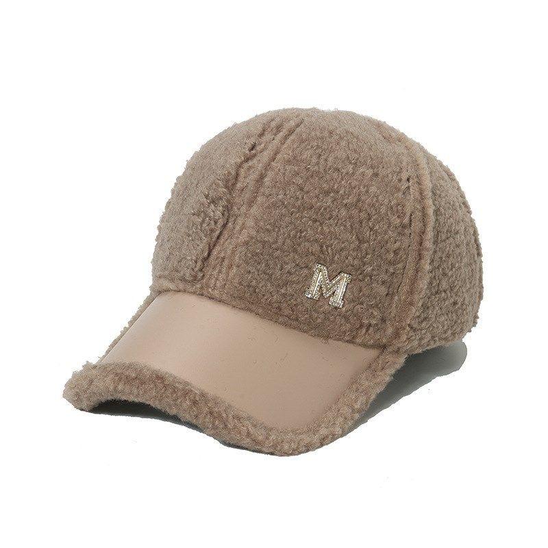 Autumn and winter new thickened warm hat women's diamond M standard cap women's leather splicing lamb wool baseball hat