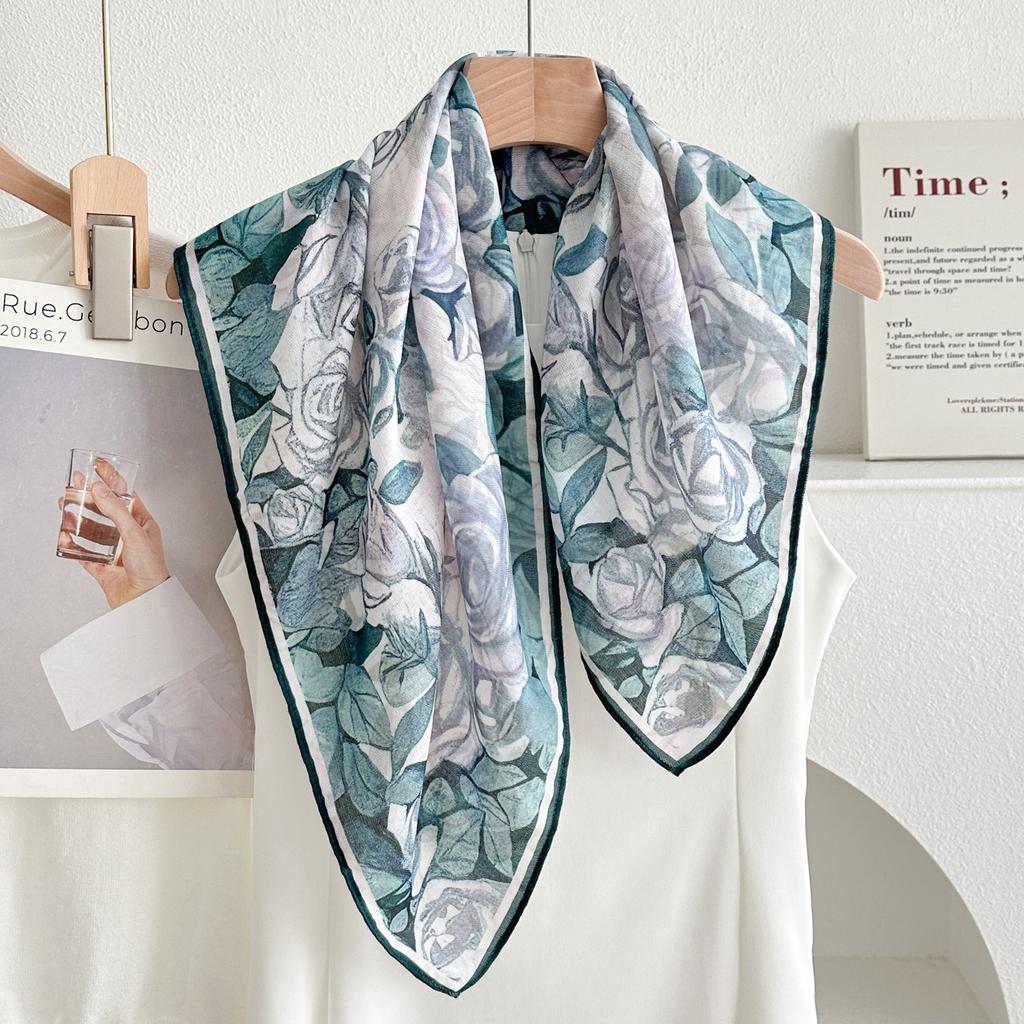 Chinese wind green rose cotton and linen silk scarf small square scarf women's new spring and summer popular scarf yarn scarf thin
