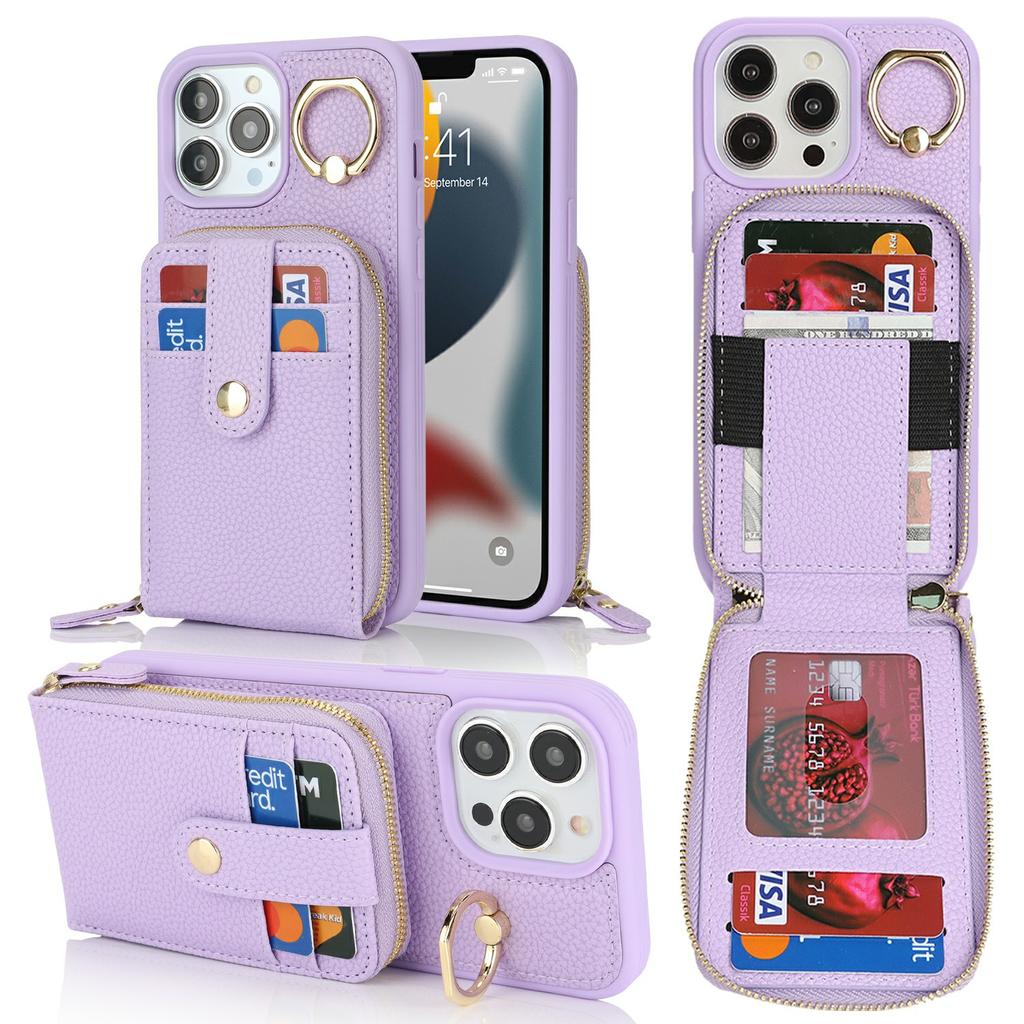 For iPhone 13 Pro Max/12 Pro Max Case with Zipper Pouch/Ring Kickstand/Strap Litchi Texture PU + TPU Phone Cover