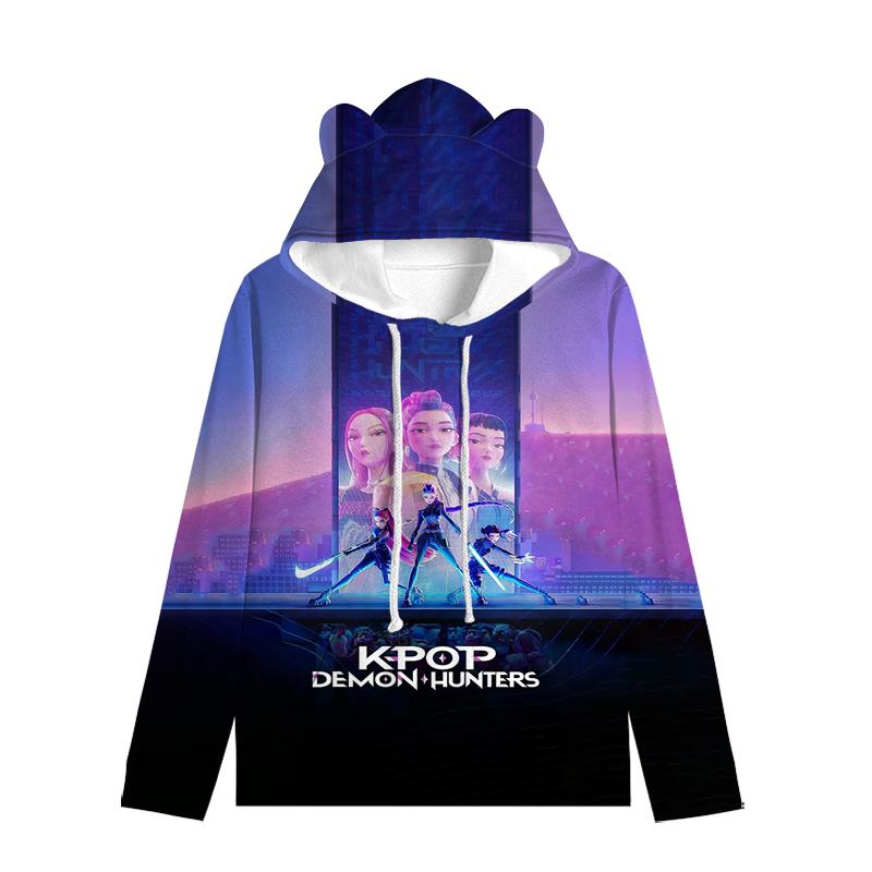 Huntrix Девушка Толстовка с капюшоном с кошачьими ушками Мультяшная K-pop Охотники на демонов На шнурке Толстый Пуловер Зои Руми Мира Средней длины Теплая Толстовка