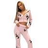 Womens 2 Piece Tracksuit Pink Cat Print Hooded Zip Up Sweatshirt Flared Pants Set Streetwear