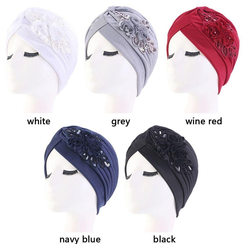 Sequin Flower Headwear Bandana Sleep Cap Muslim Turban Hat Indian Inner Hijabs Head Wrap