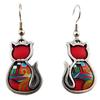 [R1326] - Artisanal Earrings 'Colombine & Harlequin' Red Multicolor Silver (cats) - 22x16 Mm